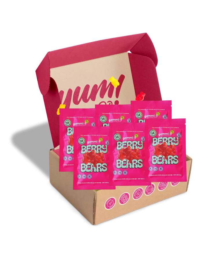 Caja de gomitas veganas sin azúcar Gommi-Li con varios paquetes de Berry Bears
