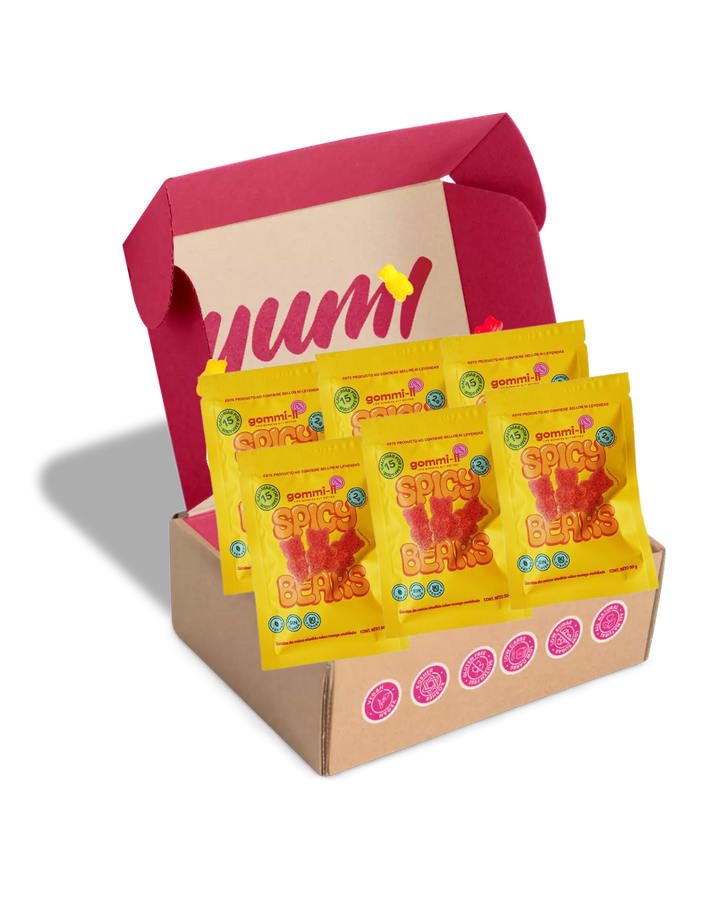 Caja de gomitas veganas sin azucar Gommi-Li con seis bolsas de Spicy Bears