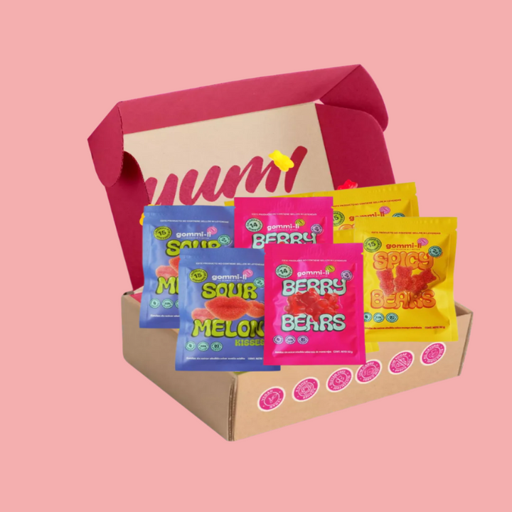 Caja de gomitas veganas sin azucar Gommi-Li en varios sabores coloridos y divertidos surtidas