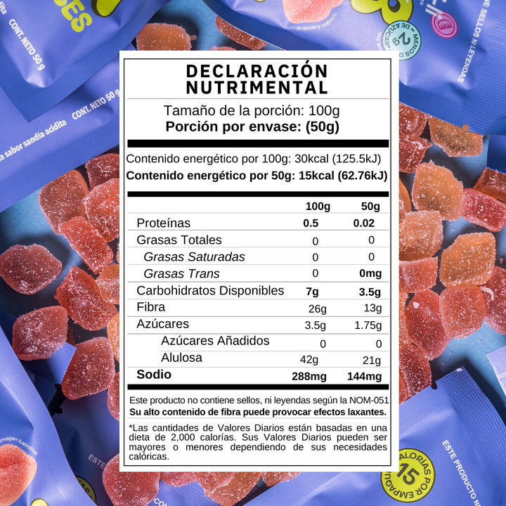 Gomitas Veganas Sin Azucar de Gommi-Li en una bolsa con etiqueta de información nutricional
