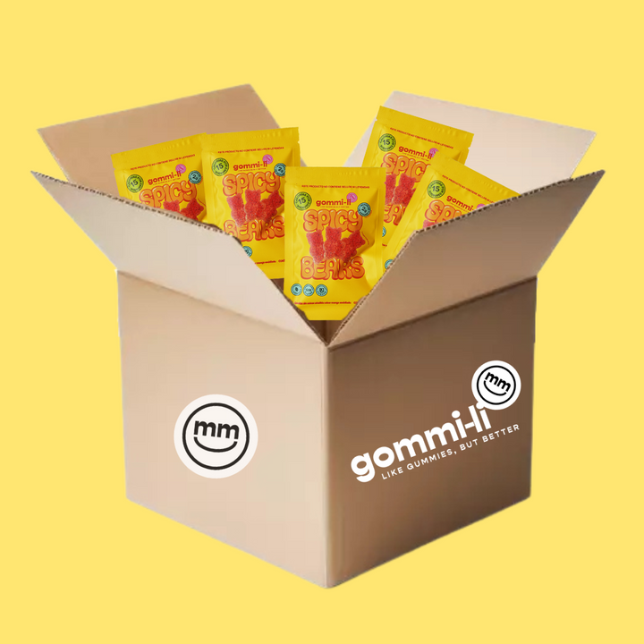 Caja con Gomitas Veganas Sin Azúcar Spicy Bears de Gommi-Li en color amarillo