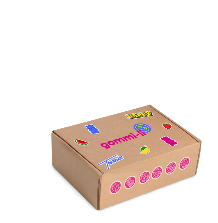 Caja de Gomitas Veganas Sin Azucar de Gommi-Li con diseños coloridos y divertidos